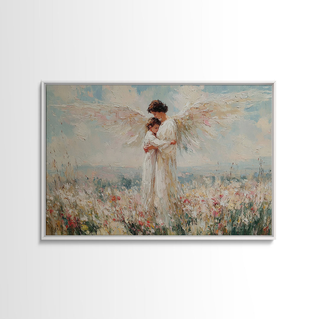 Angel Embracing Child In White Wildflowers Wall Art, Christian Canvas Print, Spiritual Nursery Decor, Gift For Mom, Home Decor