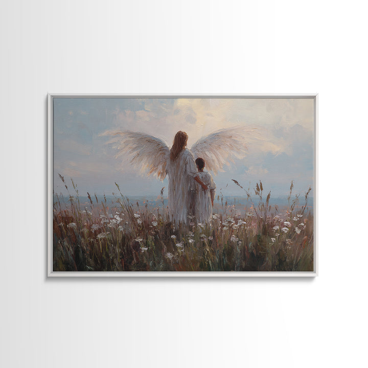 Angel And Child Facing Soft Horizon Canvas Print, Peaceful Meadow Wall Art, Christian Home Decor, Nursery Decor, Living Room Decor