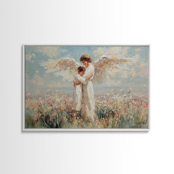Angel Holding Child In Daisy Meadow Framed Canvas Print, Christian Wall Art, Spiritual Nursery Decor, Gift For Her, Home Decor