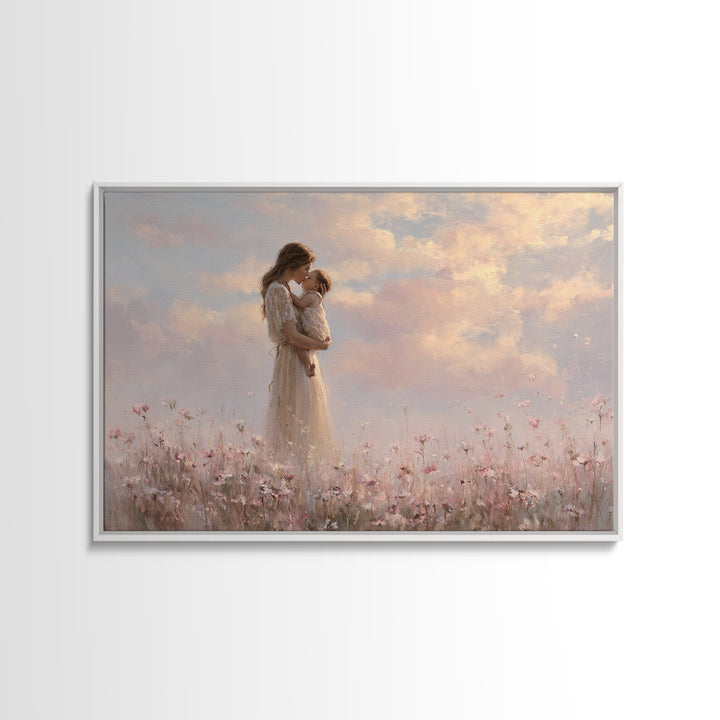 Mother Kissing Baby In Pastel Flower Meadow Wall Art, Soft Feminine Canvas Print, Nursery Decor, Gift For Mom, Bedroom Decor