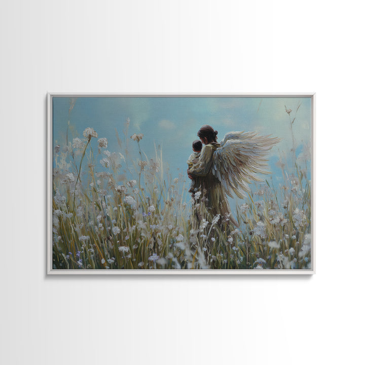 Guardian Angel Carrying Baby Through Dandelions Canvas Print, Spiritual Wall Art, Christian Nursery Decor, Gift For Mom, Home Decor