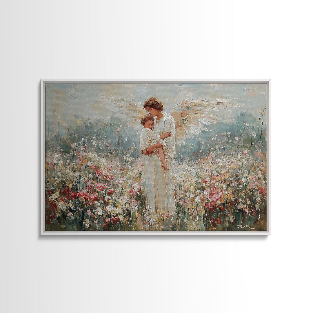 Angel Mother Holding Child In Wildflower Meadow Wall Art, Spiritual Nursery Decor, Floral Fine Art Print, Gift For Mom, Home Decor