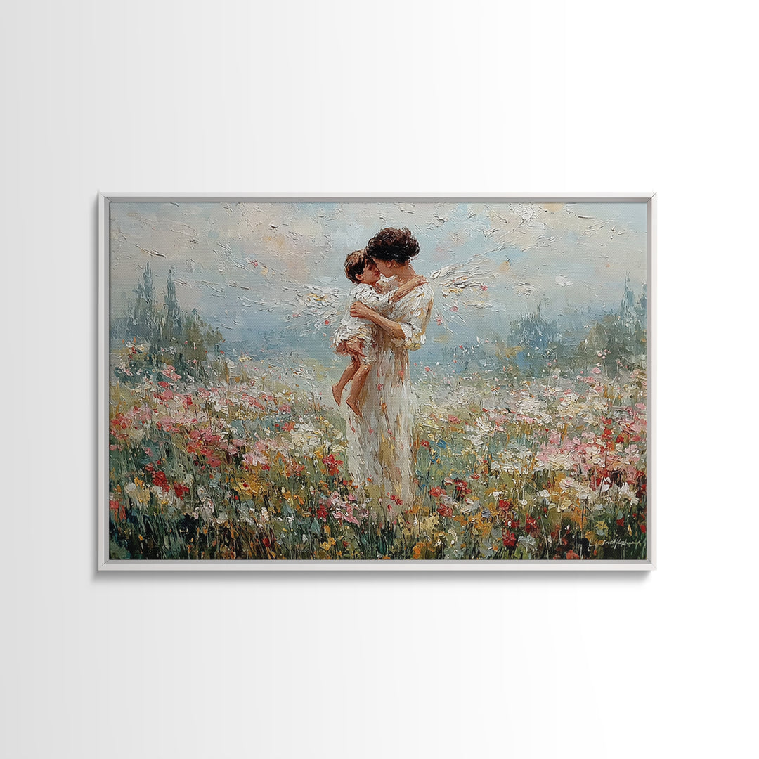 Mother And Baby Embrace In Flower Field Framed Canvas Print, Angelic Nursery Wall Art, Spiritual Gift For Mom, Home Decor