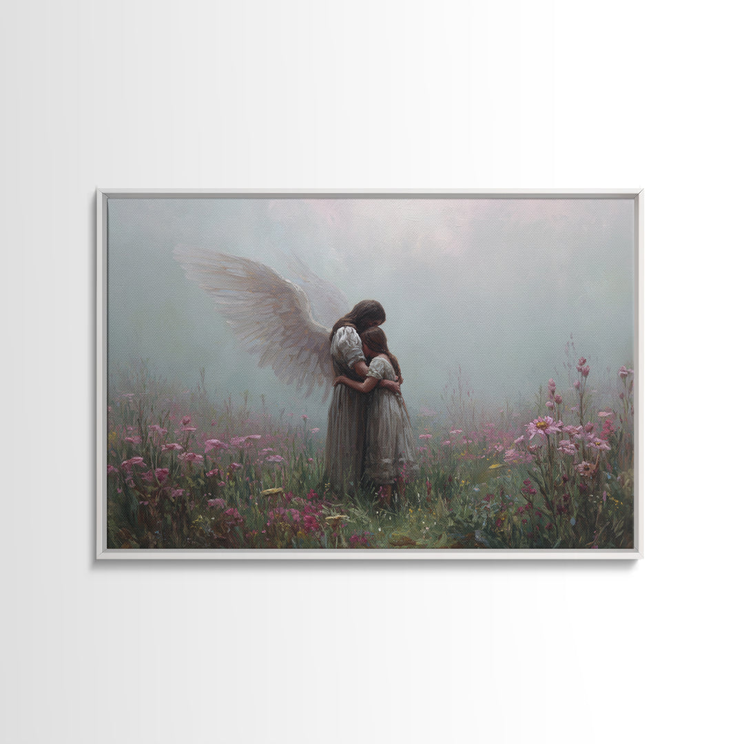 Guardian Angel Hugging Child In Misty Wildflowers Wall Art, Spiritual Nursery Decor, Moody Floral Fine Art Print For Mom