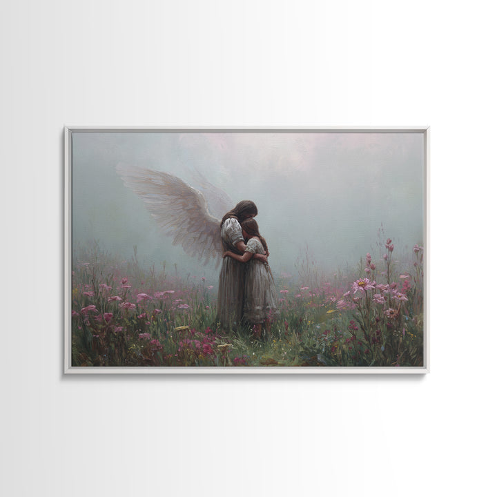 Guardian Angel Hugging Child In Misty Wildflowers Wall Art, Spiritual Nursery Decor, Moody Floral Fine Art Print For Mom