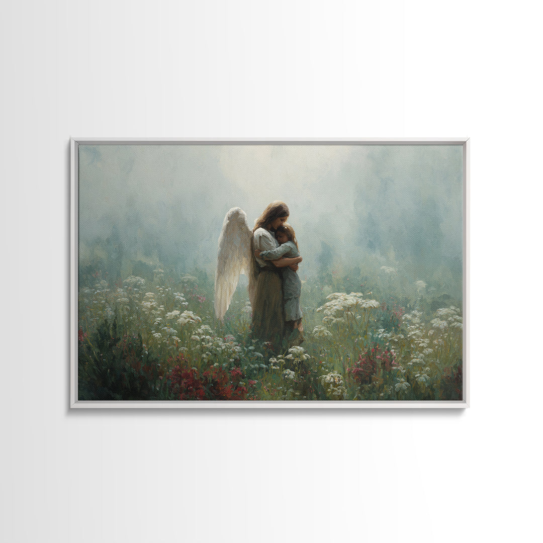 Angel Mother Cradling Child In Soft Meadow Canvas Print, Spiritual Wall Art, Calming Floral Nursery Decor, Gift For Mom, Home Decor