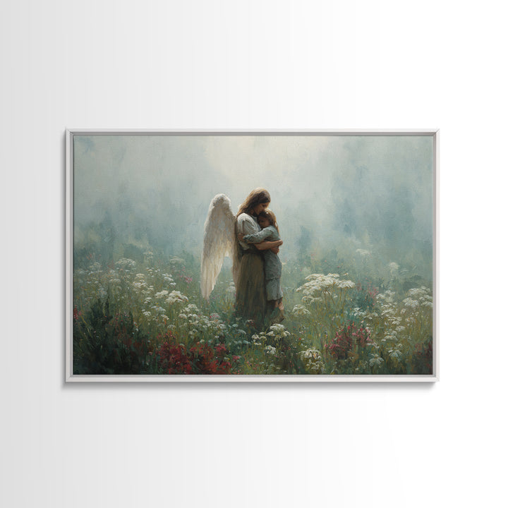 Angel Mother Cradling Child In Soft Meadow Canvas Print, Spiritual Wall Art, Calming Floral Nursery Decor, Gift For Mom, Home Decor