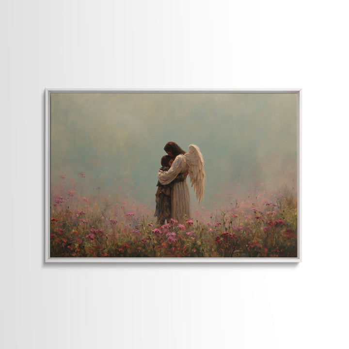Winged Mother And Child Embracing In Pink Meadow Wall Art, Spiritual Nursery Decor, Moody Floral Painting, Gift For Her, Home Decor