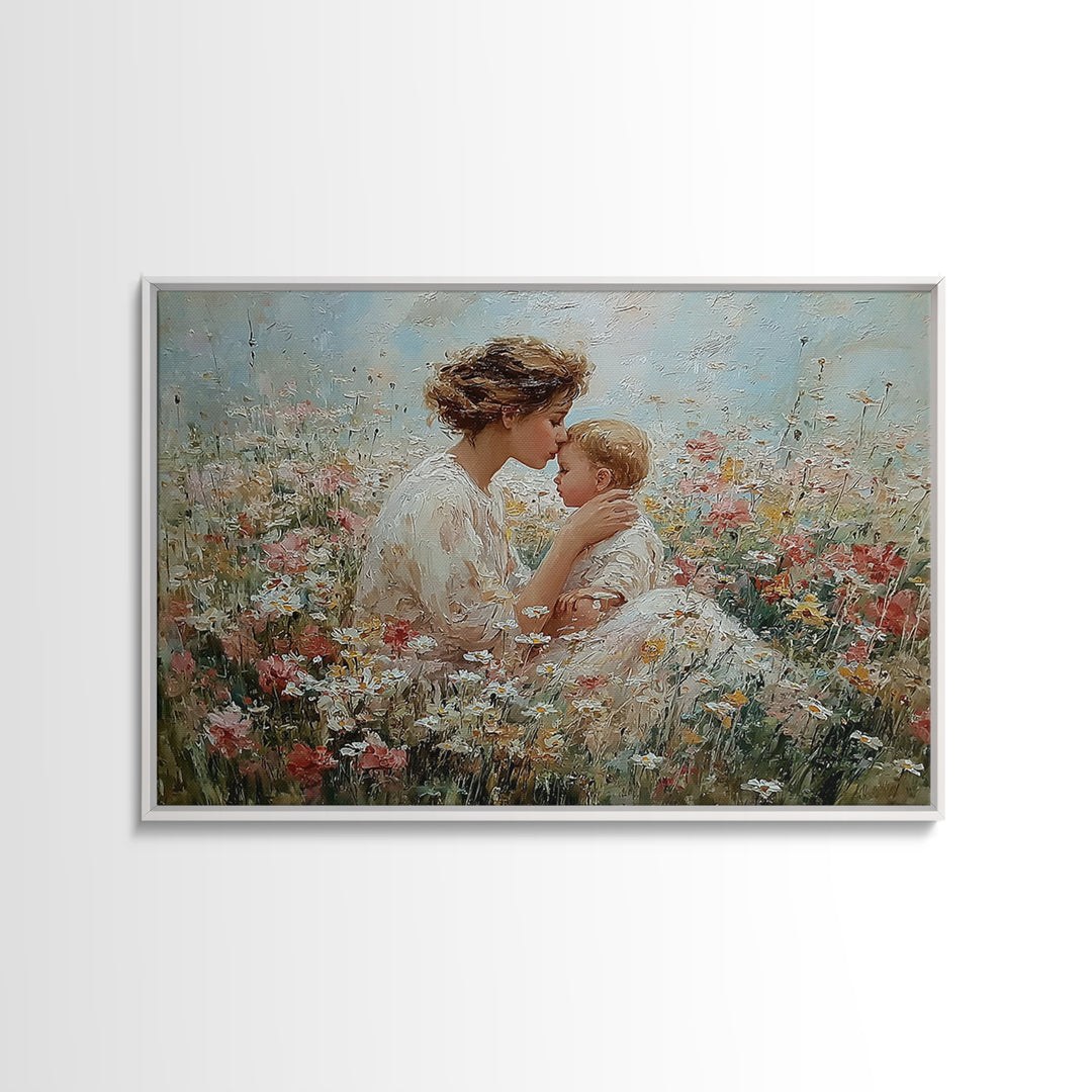 Tender Mother Kissing Baby Among White Daisies Framed Canvas Print, Floral Nursery Wall Art, Spiritual Gift For Mom, Home Decor