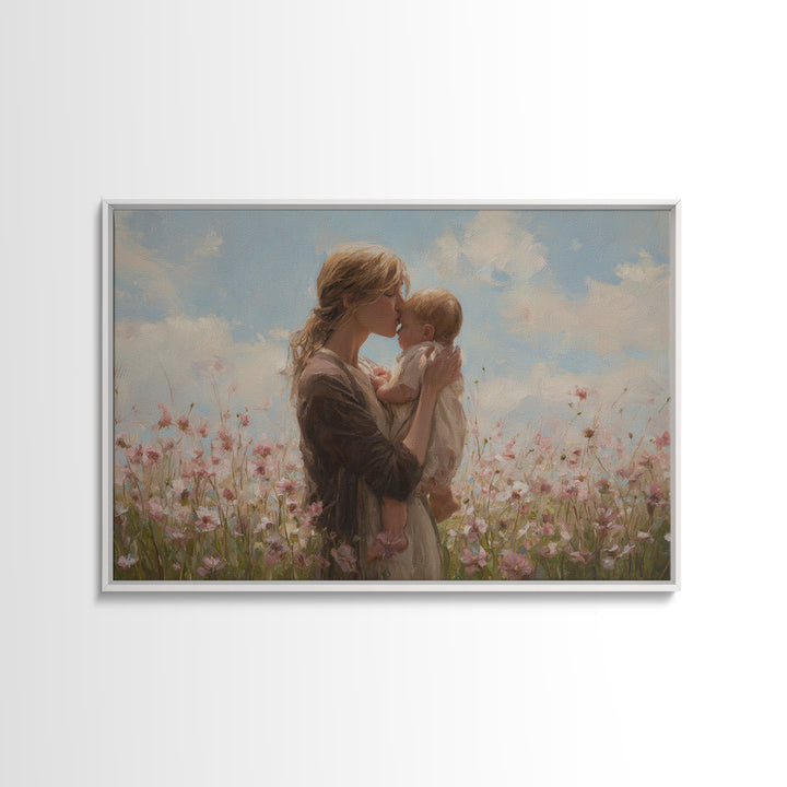 Blonde Mother Kissing Baby In Pink Flower Field Framed Canvas Print, Soft Nursery Wall Art, Mothers Day Gift, Home Decor