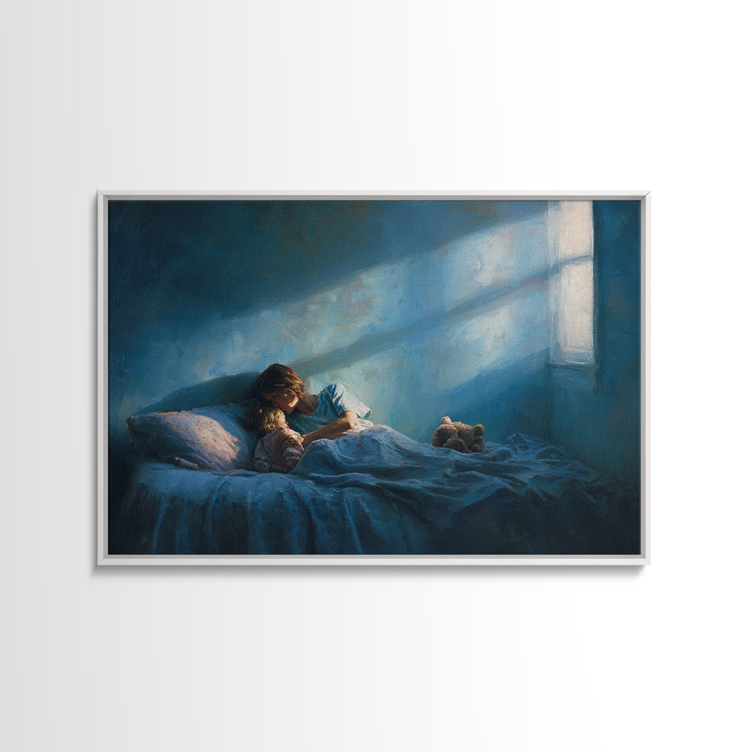 Moonlit Child Reading In Blue Bedroom Wall Art, Impressionist Oil Painting Print, Nursery Decor, Cozy Bedroom Art, Gift For Mom