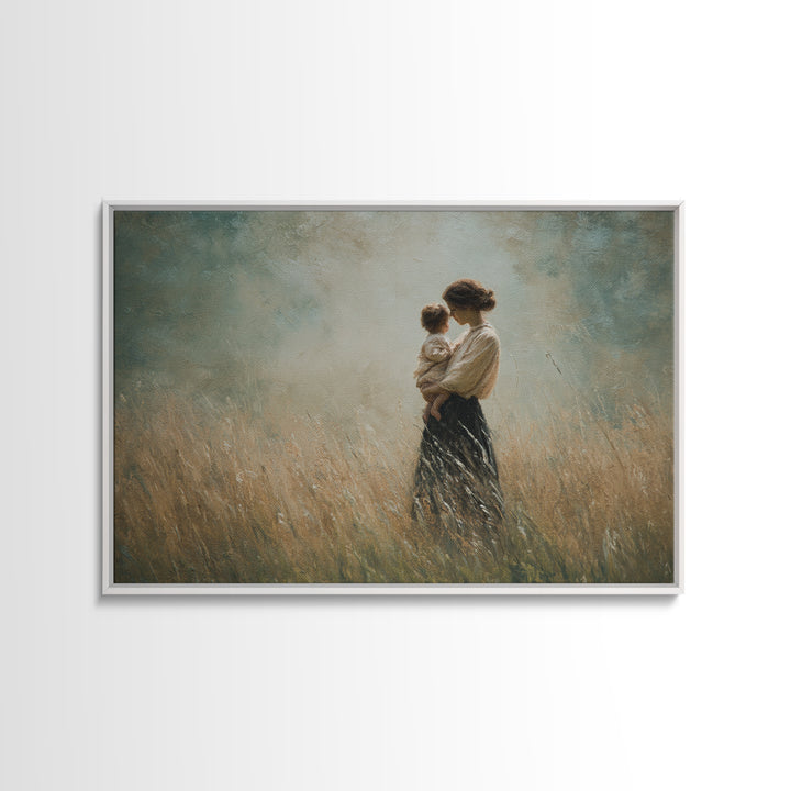 Mother And Child In Golden Grass Framed Canvas Print, Moody Impressionist Painting, Neutral Wall Art, Farmhouse Decor, Housewarming Gift