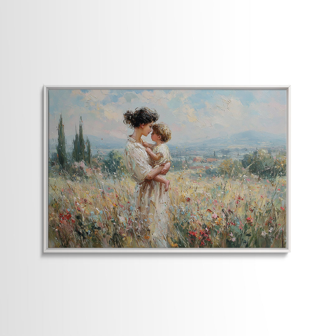 Mother And Child In Wildflower Hills Wall Art, Impressionist Oil Painting Print, Floral Wall Decor, Living Room Art, Gift For Mom