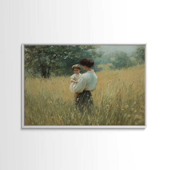 Mother Holding Child In Summer Field Framed Canvas Print, Impressionist Oil Painting, Rustic Wall Art, Farmhouse Home Decor