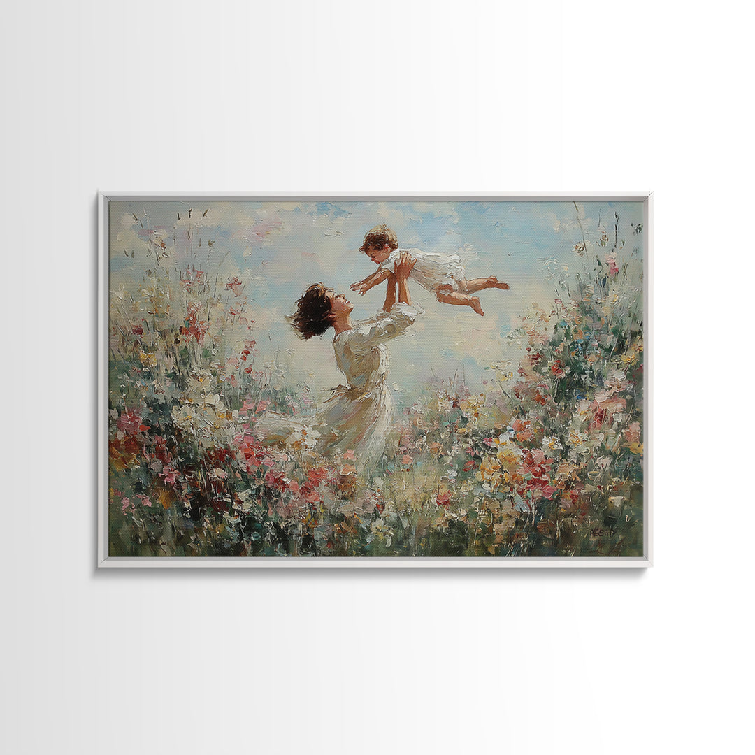 Mother Lifting Baby In Blooming Garden Wall Art, Joyful Impressionist Oil Painting Print, Floral Nursery Decor, Gift For Mom