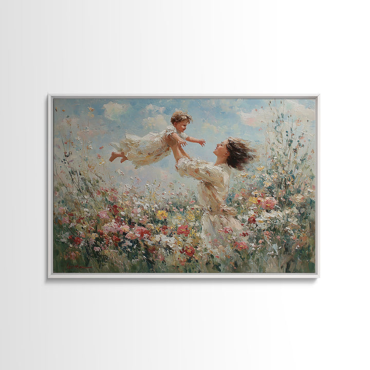 Mother Lifting Child Above Wildflowers Wall Art, Impressionist Oil Painting Print, Floral Nursery Decor, Living Room Decor, Gift For Mom