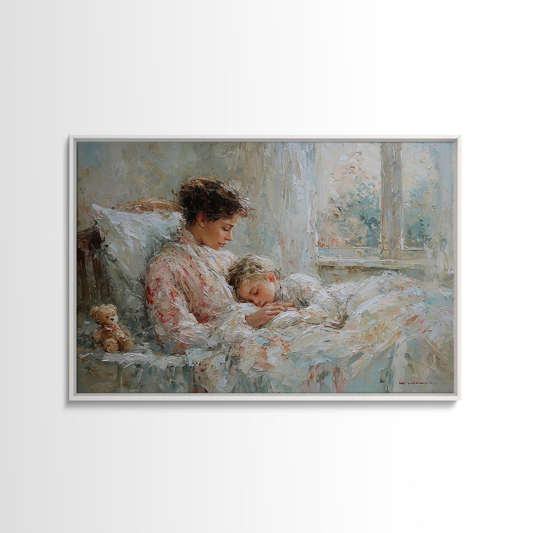 Mother And Child Bedtime Cuddle By Window Framed Canvas Print, Cozy Bedroom Wall Art, Nursery Wall Art, Gift For Mom, Home Decor