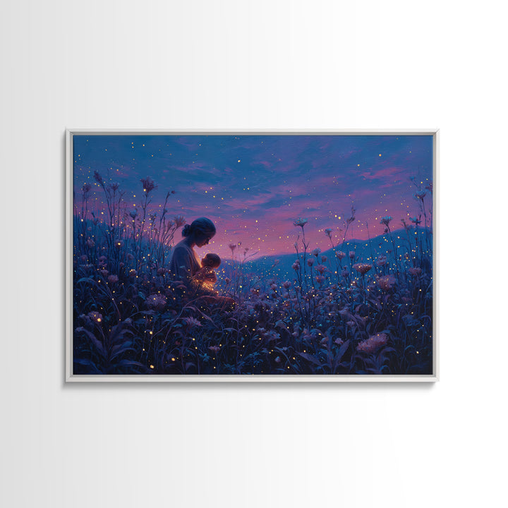 Twilight Mother And Child Firefly Canvas Print, Celestial Nursery Art, Fantasy Wall Decor, Gift For Mom, Bedroom Decor, Magical Art
