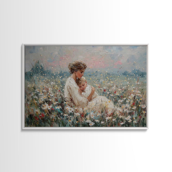 Impressionist Mother And Baby Wildflower Framed Canvas Print, Floral Wall Art, Fine Art Print, Mothers Day Gift, Home Decor
