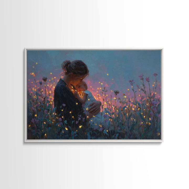 Glowing Mother And Infant Wildflower Canvas Print, Romantic Wall Art, Feminine Nursery Decor, Gift For Her, Cozy Wall Decor