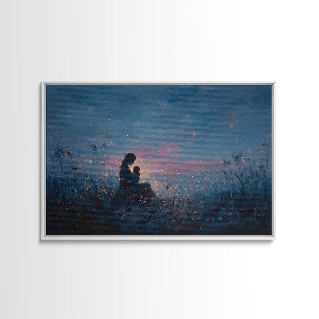 Moonlit Mother And Baby Firefly Wall Art, Celestial Canvas Wall Art, Moody Nursery Decor, Fantasy Art, Gift For Her, Bedroom Decor