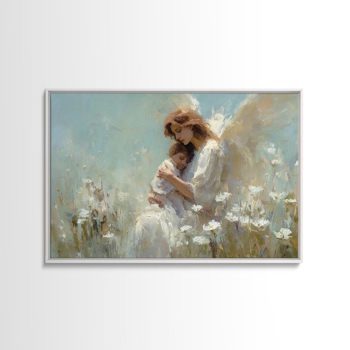 Guardian Angel And Child Daisy Canvas Print, Christian Wall Art, Spiritual Nursery Decor, Feminine Art, Gift For Her, Home Decor