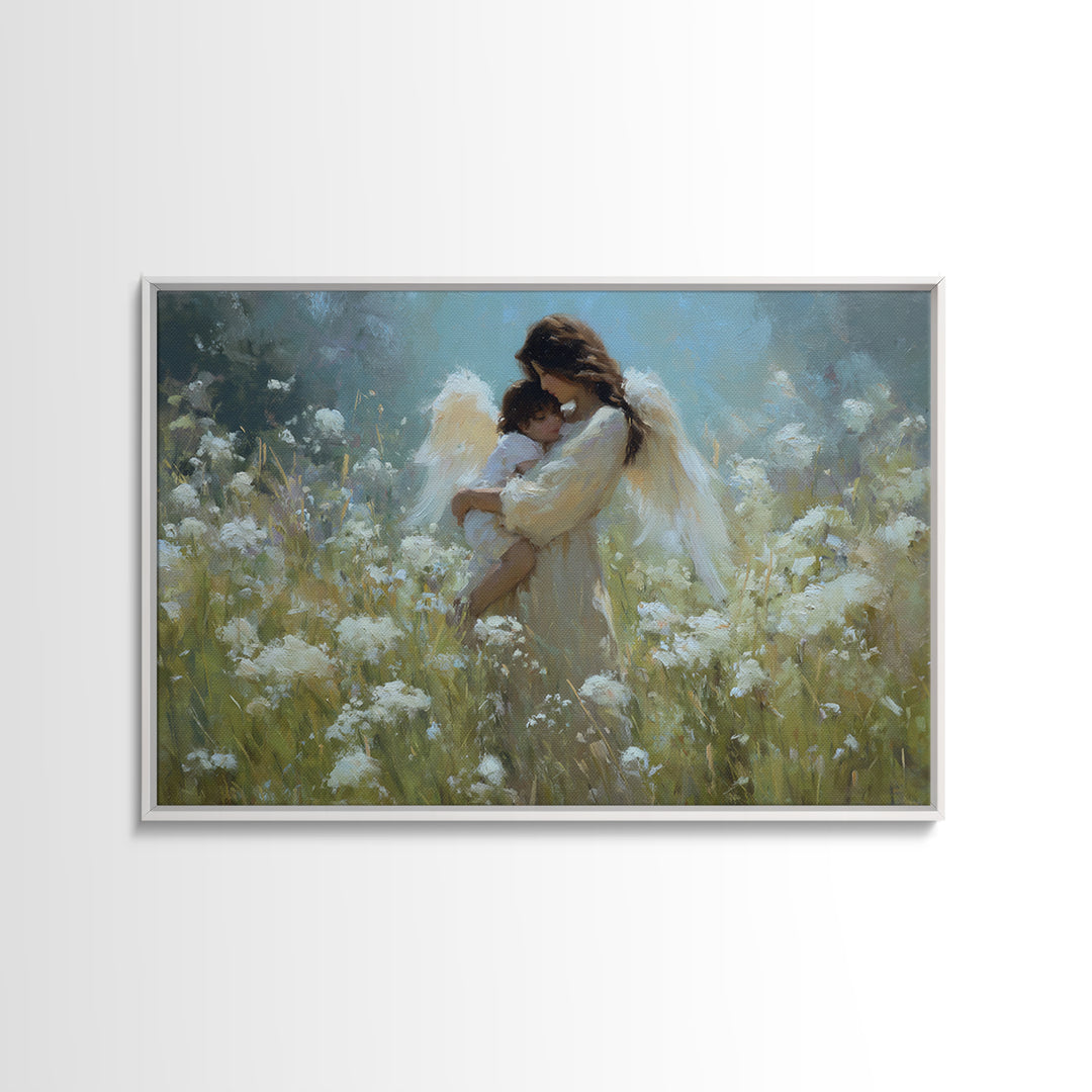 Protective Angel Mother And Baby Wall Art, Christian Nursery Decor, Spiritual Canvas Wall Art, Gift For Mom, Fine Home Decor
