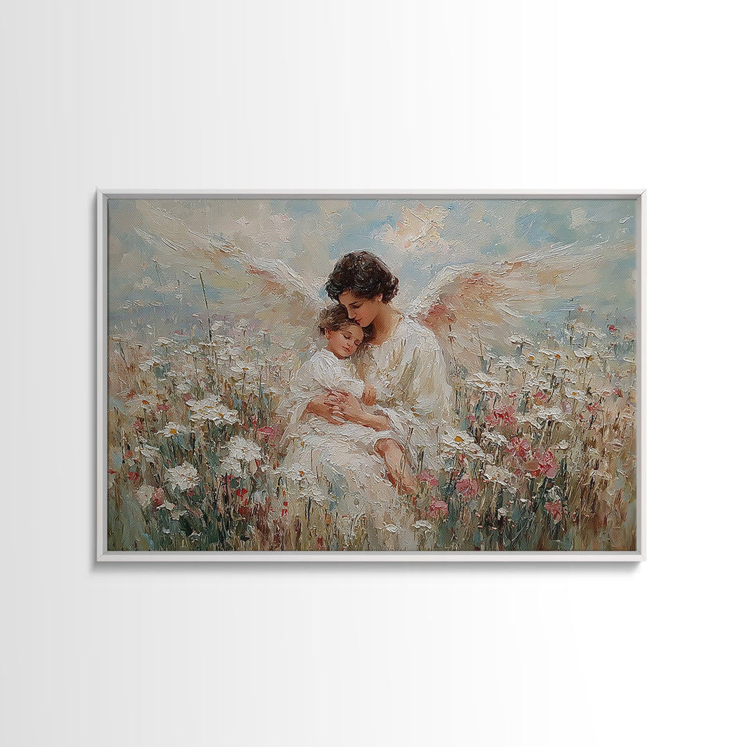 Textured Guardian Angel With Sleeping Child In Daisy Meadow Framed Canvas Print, Christian Wall Art, Nursery Decor, Gift