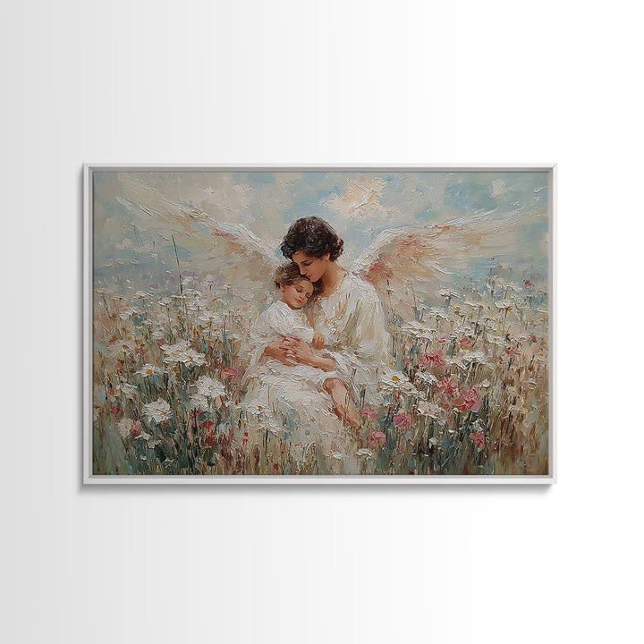 Textured Guardian Angel With Sleeping Child In Daisy Meadow Framed Canvas Print, Christian Wall Art, Nursery Decor, Gift