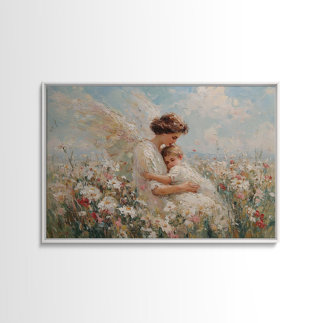 Sunlit Guardian Angel Embracing Child In Wildflower Meadow Canvas Print, Christian Wall Art, Motherhood Gift, Nursery Decor