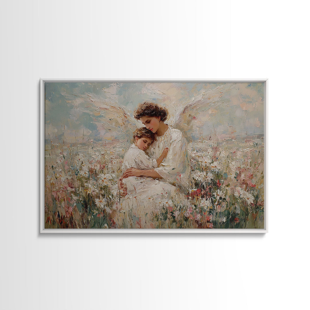 Pastel Guardian Angel Holding Child In Blooming Meadow Wall Art, Christian Nursery Decor, Motherhood Gift, Framed Art Print