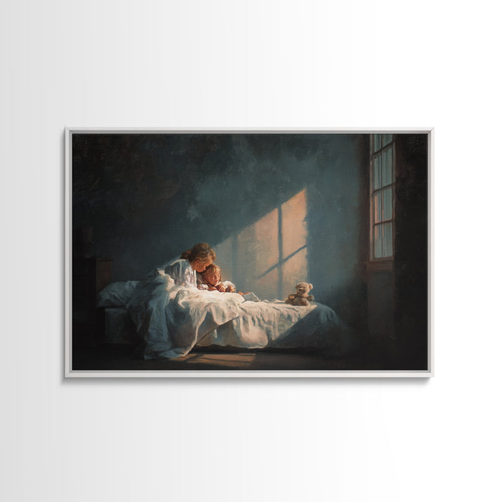 Bedtime Mother And Child In Moonlit Bedroom Framed Canvas Print, Nursery Wall Art, Cozy Home Decor, Mothers Day Gift, Bedroom Decor