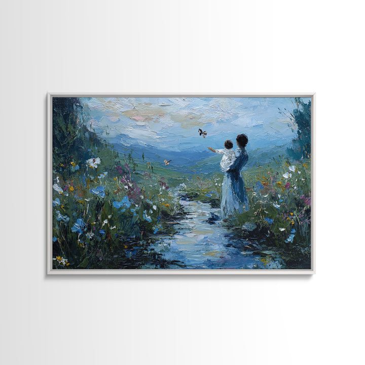Mother And Child Watching Butterflies By Mountain Stream Canvas Print, Nature Wall Art, Christian Nursery Decor, Housewarming Gift