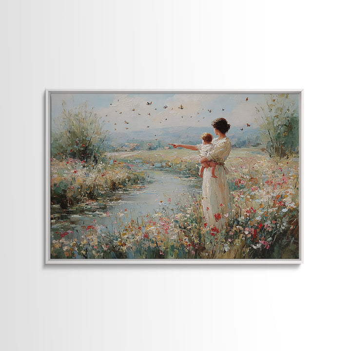 Mother And Baby Beside River Pointing At Butterflies Wall Art, Landscape Painting, Christian Nursery Decor, Gift For Mom