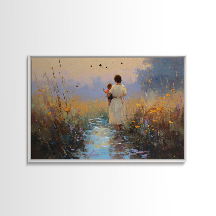 Mother And Child On Twilight Marsh Path Framed Canvas Print, Sunset Landscape Wall Art, Nursery Decor, Mothers Day Gift, Home Decor