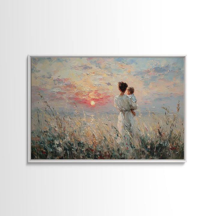 Mother And Baby Watching Ocean Sunset Canvas Print, Coastal Wall Art, Seascape Painting, Nursery Decor, Gift For Her, Bedroom Decor