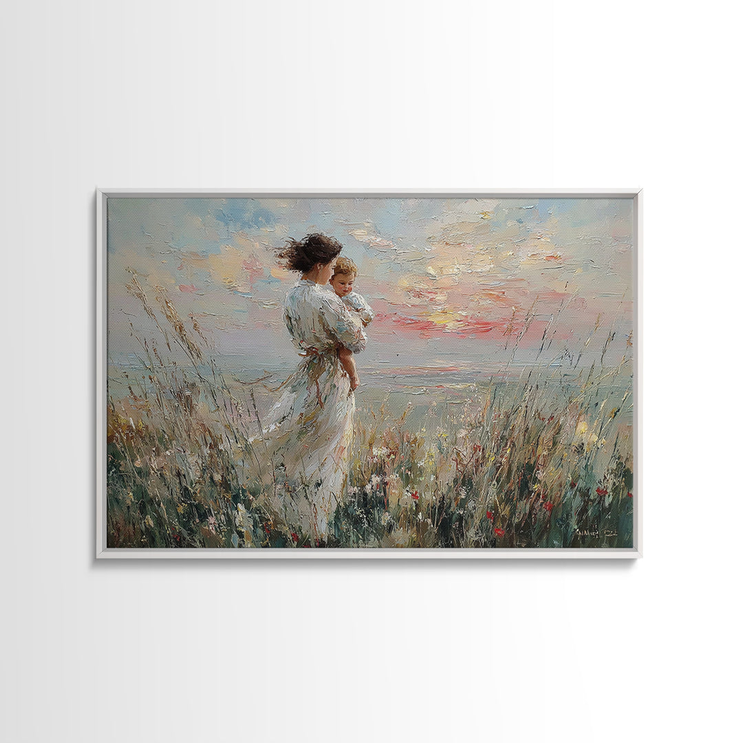 Mother And Child By Wildflower Coast Canvas Print, Impressionist Beach Wall Art, Mothers Day Gift, Nursery Decor, Living Room Decor