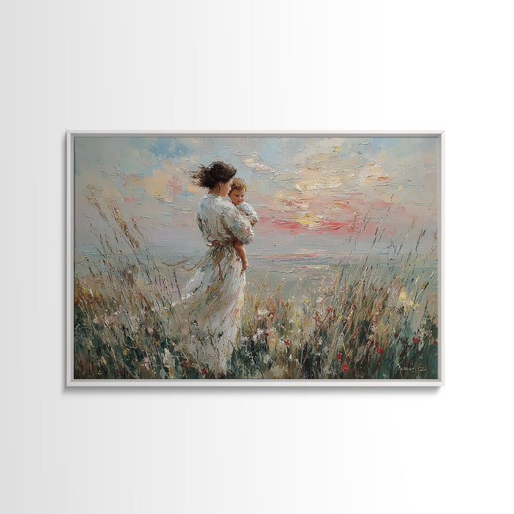 Mother And Child By Wildflower Coast Canvas Print, Impressionist Beach Wall Art, Mothers Day Gift, Nursery Decor, Living Room Decor