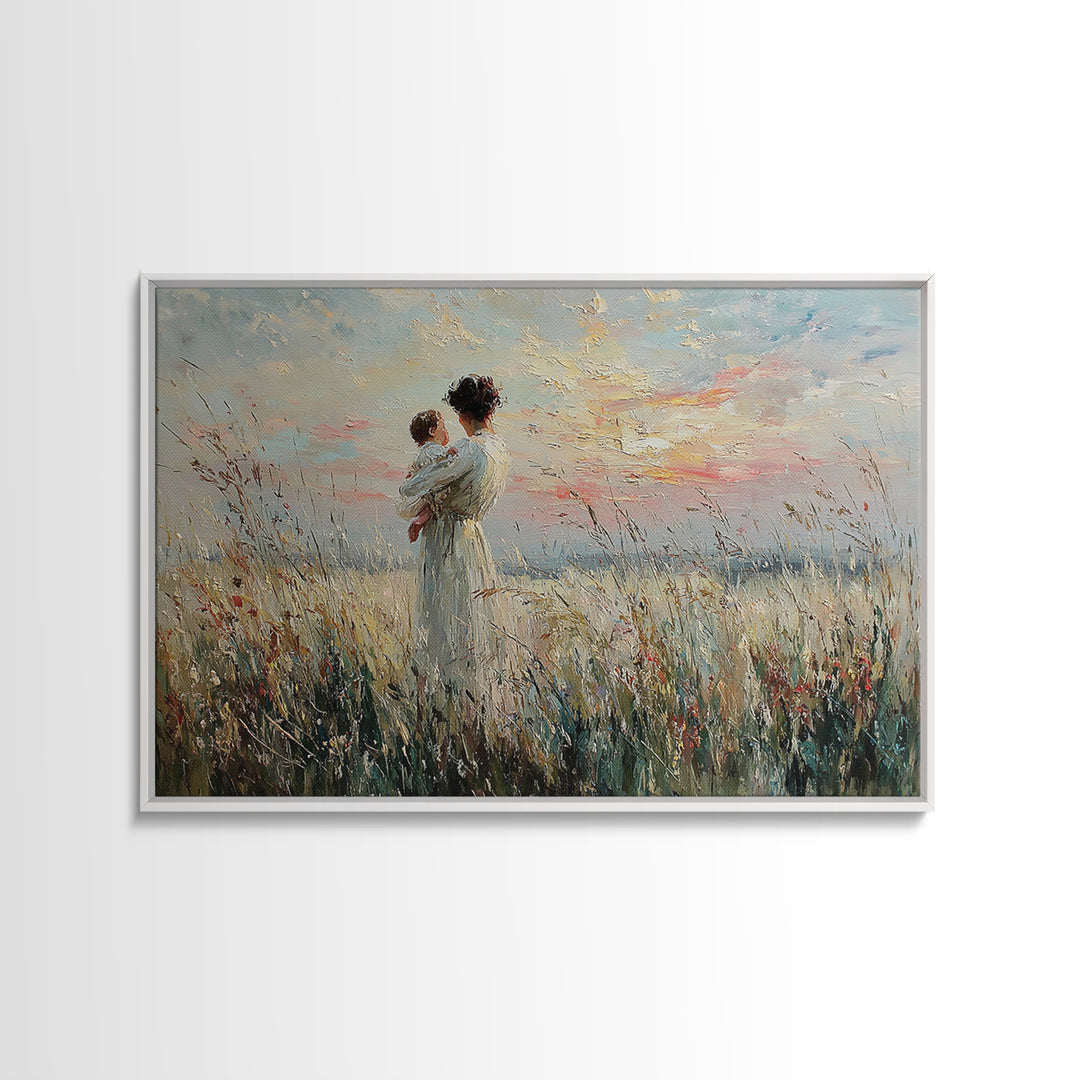 Mother Holding Baby In Wild Grass Framed Canvas Print, Coastal Wall Art, Impressionist Nursery Decor, Gift For Her, Home Decor