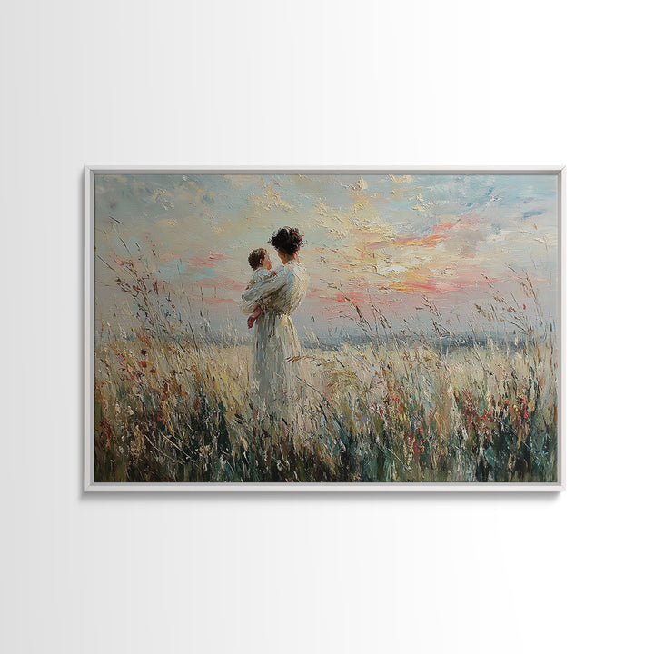 Mother Holding Baby In Wild Grass Framed Canvas Print, Coastal Wall Art, Impressionist Nursery Decor, Gift For Her, Home Decor