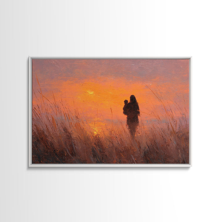 Mother And Baby Silhouette At Orange Sunset Wall Art, Warm Landscape Painting, Mothers Day Gift, Bedroom Decor, Boho Wall Decor