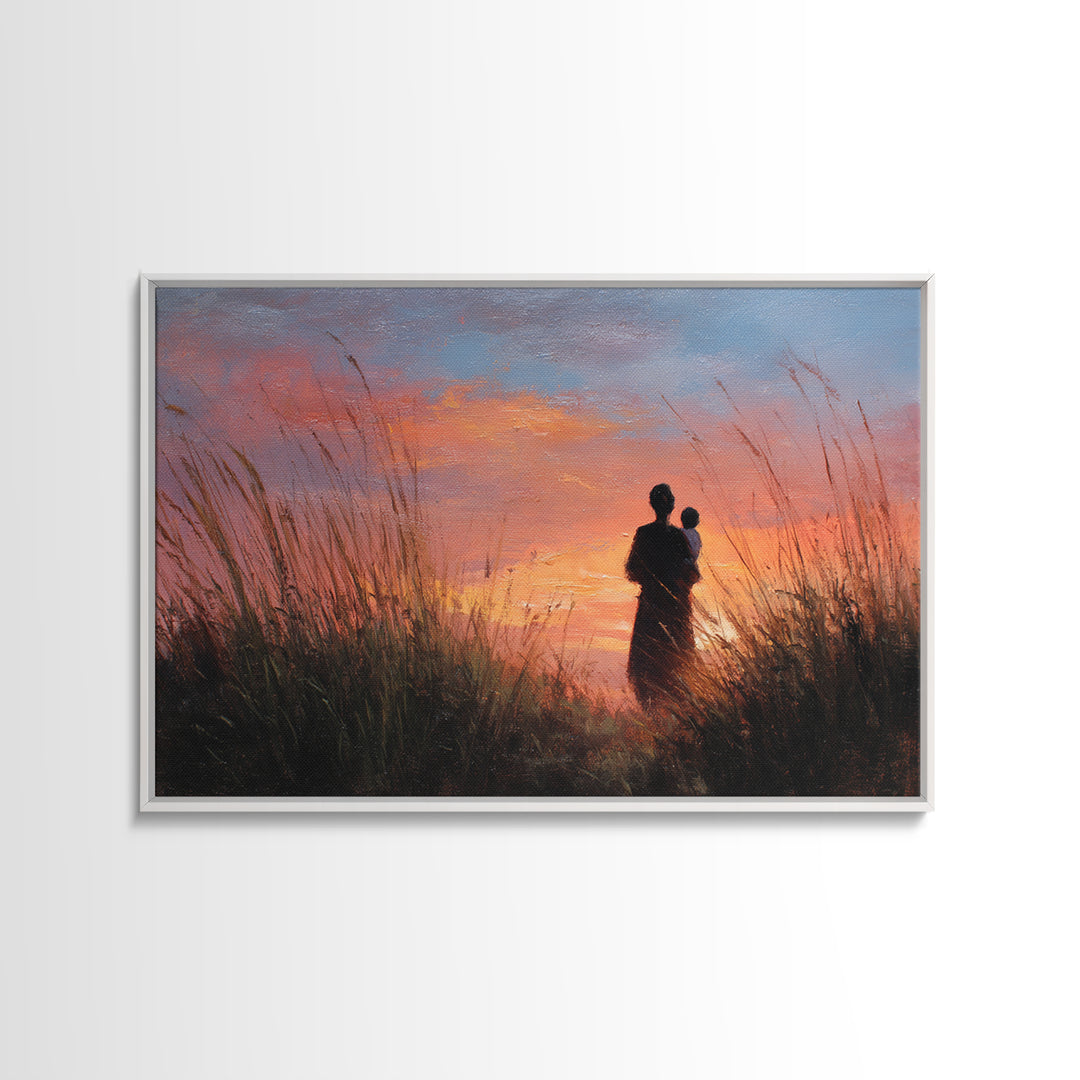 Mother And Baby Sunset Silhouette Framed Canvas Print, Moody Landscape Wall Art, Above Bed Decor, Gift For Her, Living Room Art