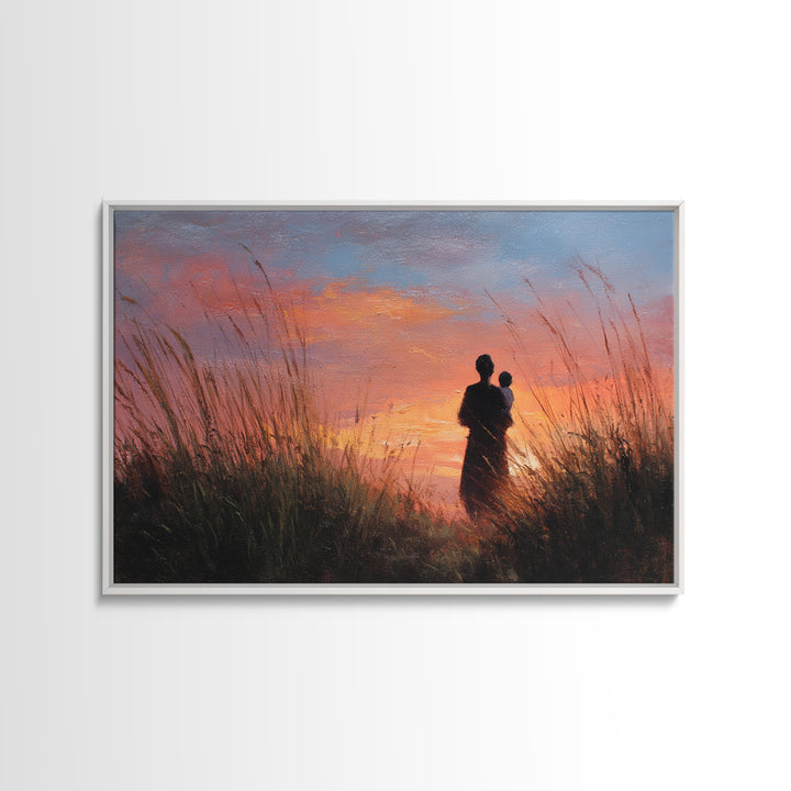 Mother And Baby Sunset Silhouette Framed Canvas Print, Moody Landscape Wall Art, Above Bed Decor, Gift For Her, Living Room Art