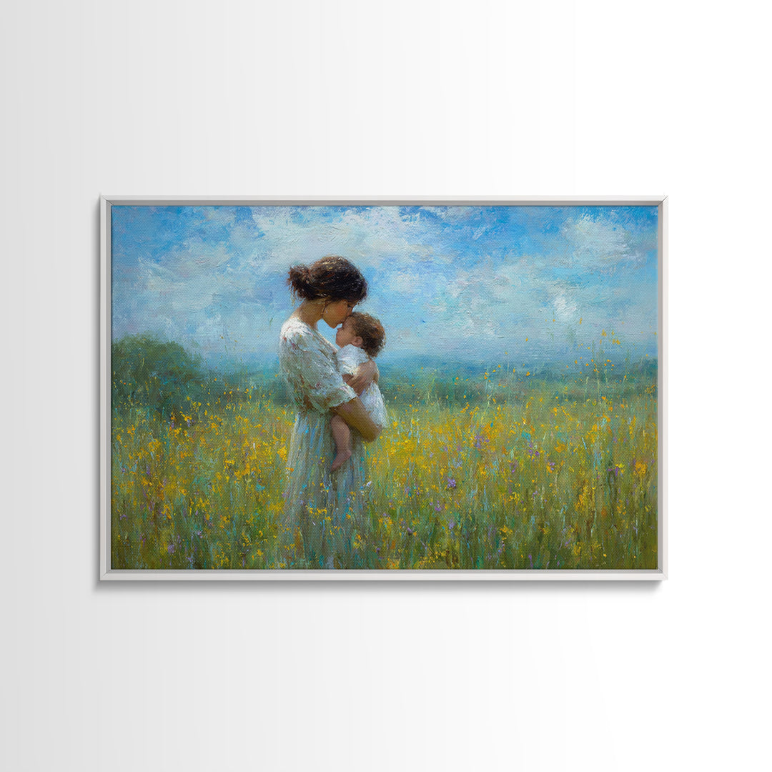 Tender Mother And Baby In Blue Meadow Wall Art, Impressionist Oil Painting, Nursery Decor, Mothers Day Gift, Fine Art Print