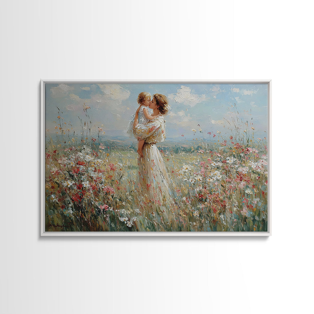 Mother Lifting Baby Among Summer Wildflowers Canvas Print, Floral Wall Art, Nursery Decor, Mothers Day Gift, Home Decor Art Print