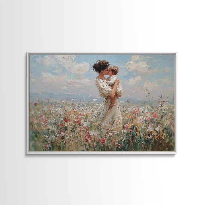 Mother Holding Toddler In Pastel Wildflower Field Framed Canvas Print, Floral Wall Art, Nursery Decor, Mothers Day Gift, Gift For Her