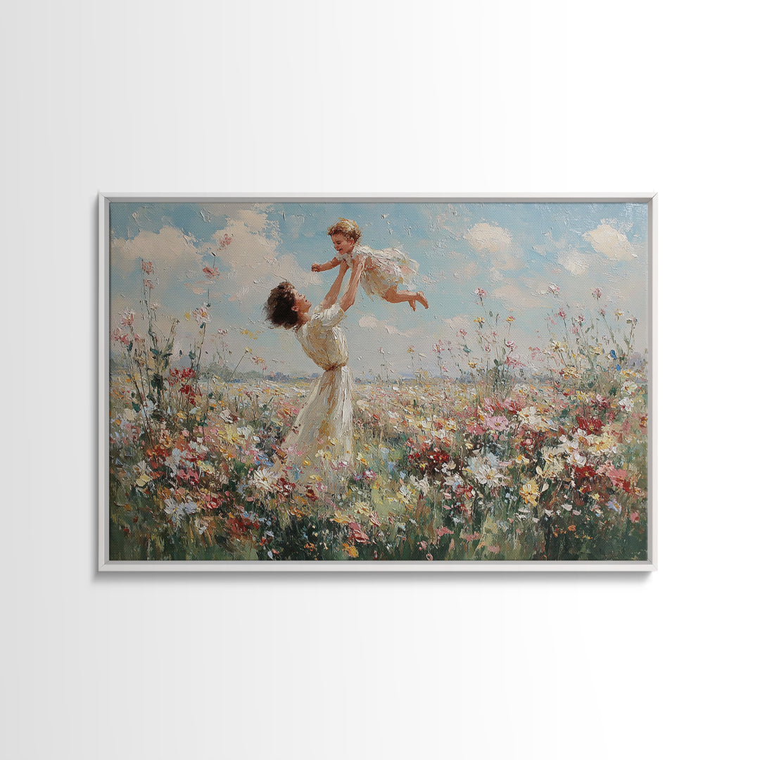 Mother Lifting Child In Wildflower Meadow Wall Art, Impressionist Floral Landscape, Nursery Decor, Gift For Mom, Canvas Print