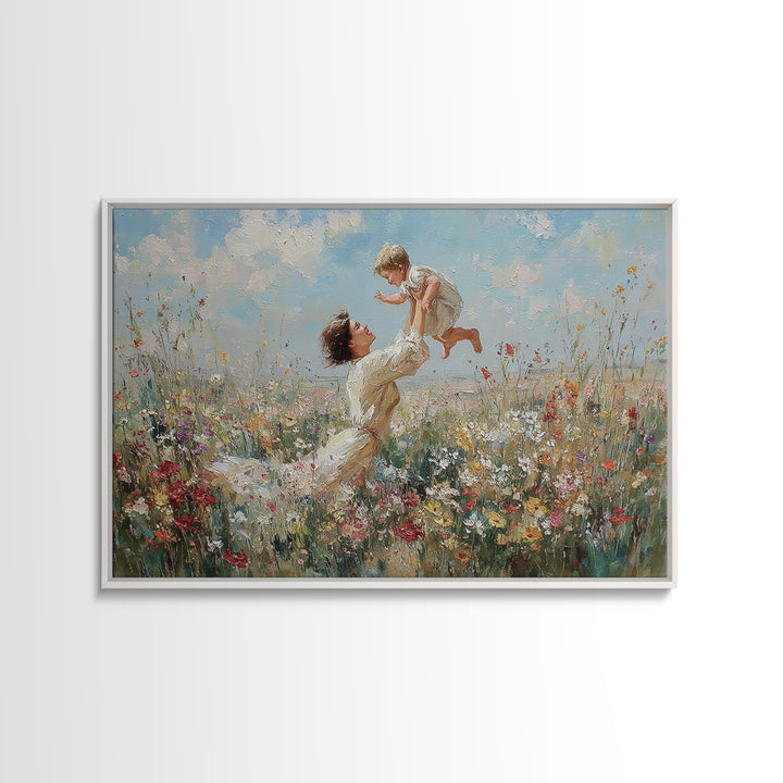Mother Raising Baby Above White Wildflowers Framed Canvas Print, Impressionist Meadow Wall Art, Nursery Decor, Gift For Mom