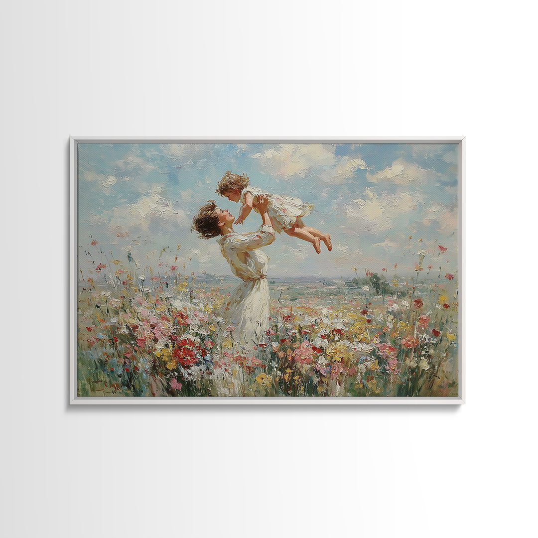 Mother Holding Child Over Blooming Meadow Wall Art, Impressionist Floral Landscape Canvas Print, Nursery Decor, Gift For Mom