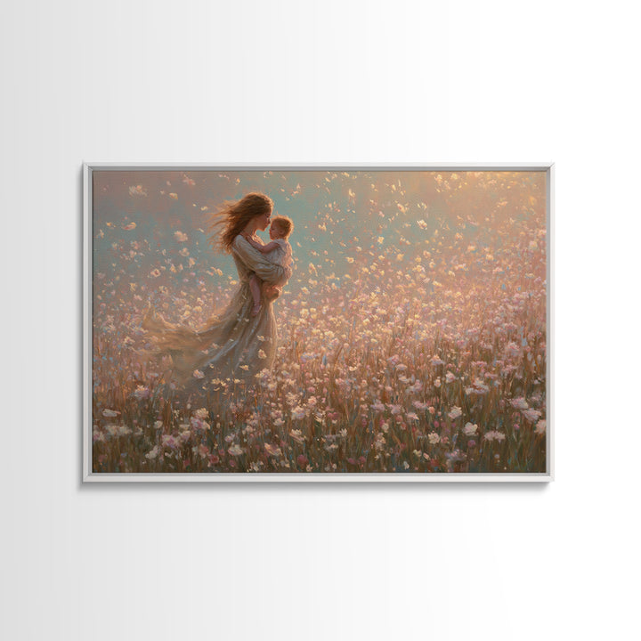 Mother Holding Baby In Pink Wildflower Field Wall Art, Romantic Impressionist Canvas Print, Nursery Decor, Gift For Mom, Feminine Art
